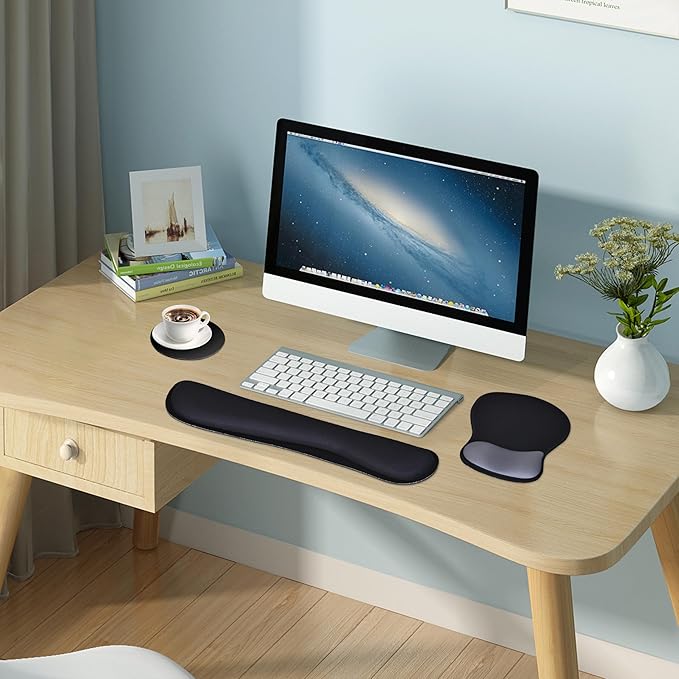 Wrist Rest Support for Mouse Pad Keyboard Set Circle Coaster Gaming Mouse Pad Ergonomic Gel Memory Foam Set for Computer, Laptop, Office, Comfortably Typing Black KM-33
