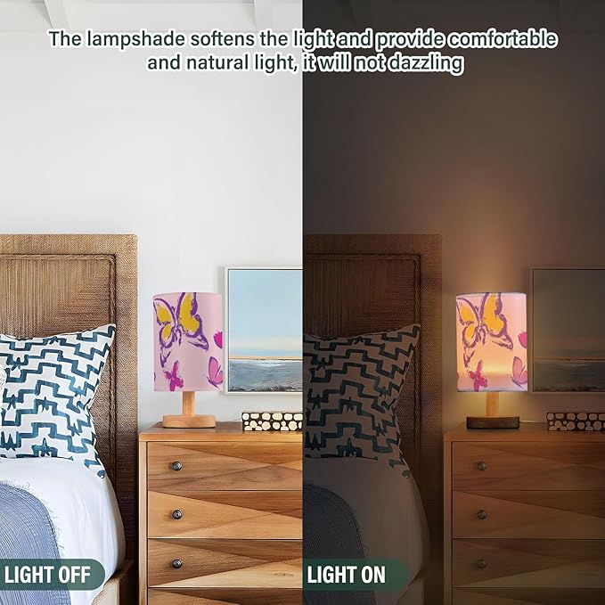 Butterfly LED Table Lamp, Bedside Lamp with Linen Lampshade, Flicker-Free Eye Care USB Plug in Nightstand Lamp, for Bedroom and Office