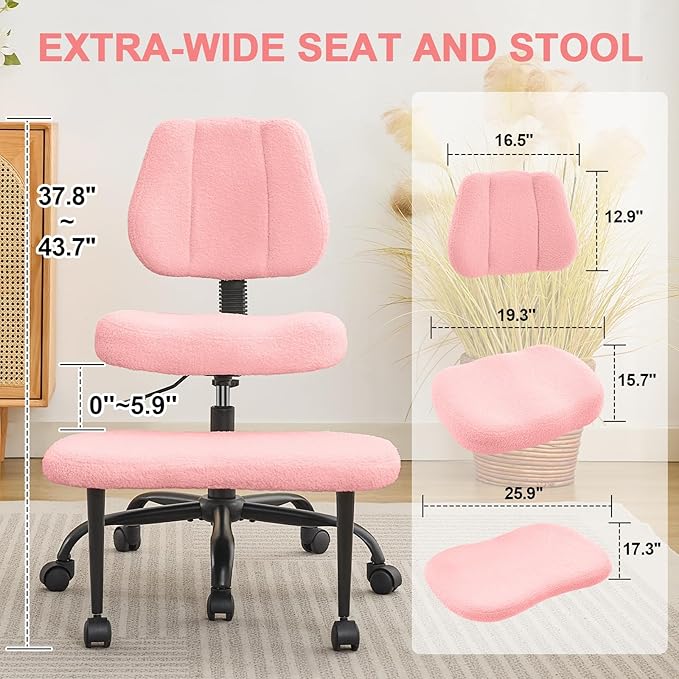 Ergonomic Criss Cross Legged Office Chair, ADHD Chair, Wide Height Adjustable Seat 360° Swivel Footstool with Wheels, Teddy Fabric Meditation Kneeling Chair, for The Restless Home Workers, Pink