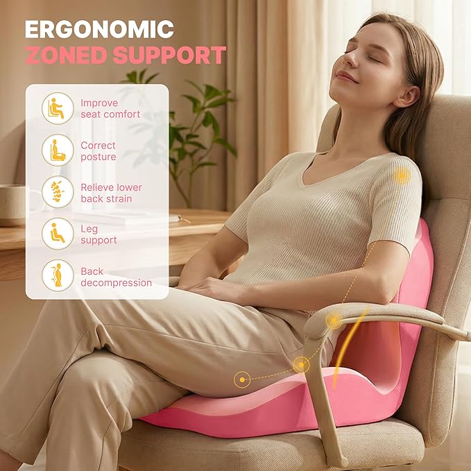 Ergonomic Seat Cushion, Office Chair Seat Cushions with L-Shaped Integrated Design, Memory Foam Orthopedic Cushion with Coccyx Hollow, Lumbar Support & Tailbone Support for Long Sitting (Pink)