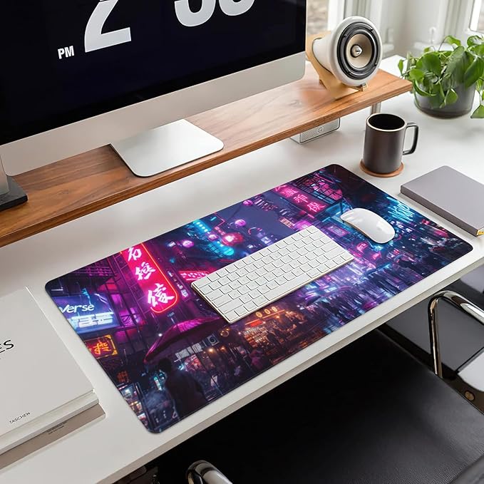 Desk Mat,Cyberpunk Neon City Large Gaming Mouse Pad for Desk XXL,Futuristic Night Street Desk Pad,Extended Big Computer Keyboard Mouse Pad with Non-Slip Base and Stitched Edge 35.4"x15.7"