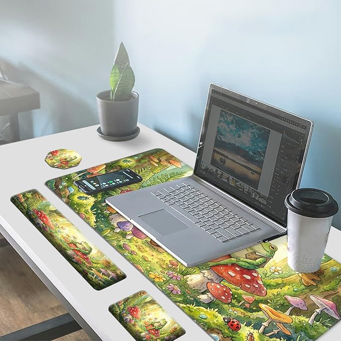 Large Gaming Mouse Pad + Memory Foam Ergonomic Keyboard Wrist Rest Support + Wrist Rest + Coaster, Green Desk Decor Mat, Stitched Edge Non Slip Desk Mat 4PC for Office & Home, Cute Frog Kawaii