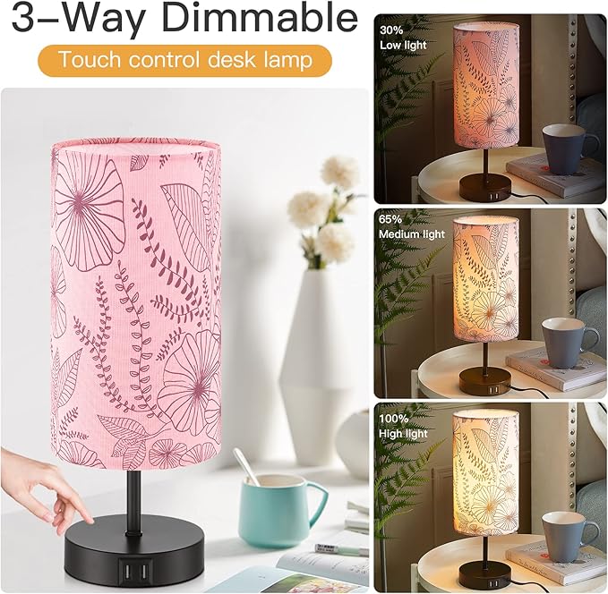 Touch Control Bedside Lamp with 2 USB Ports, 3-Way Dimmable Table lamp for Bedroom, Nightstand Lamp with Round Pink Flower Fabric Shade for Living Room Home Office (E26 LED Bulb Included)