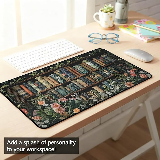 Flower Book Desk Mat, Colorful Mousepad XXL, Large Vintage Game Pad, Computer Keyboard Mouse Pad, with Stitched Edges, Non-Slip Rubber Base Deskpad, Women Home Office Accessories 31.5"X15.7"