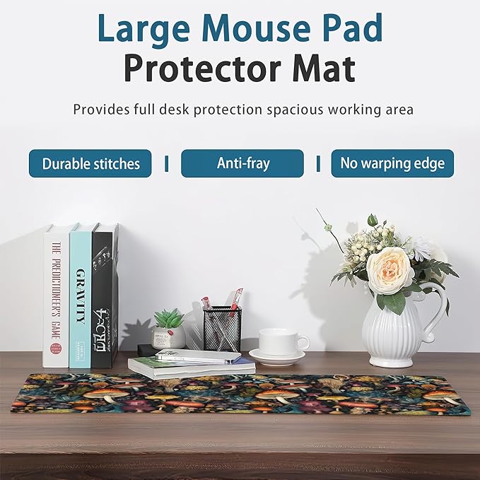 Mushrooms Desk Mat, Vintage Mushroom Floral Extended Gaming Mouse Pad Large, Big Desk Mat with Non-Slip Base and Stitched Edge, Long Computer Keyboard Mouse Mat for Home Office Work 31.5"x11.8"