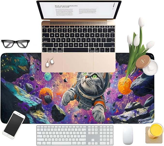 Cat Astronaut Extended Gaming Mouse Pad 31.5x11.8inches Large Desk Mat Anti-Slip Rubber Base & Durable Stitched Edges for Gamers Smooth Mouse Writing Surface for Desk Office/Home