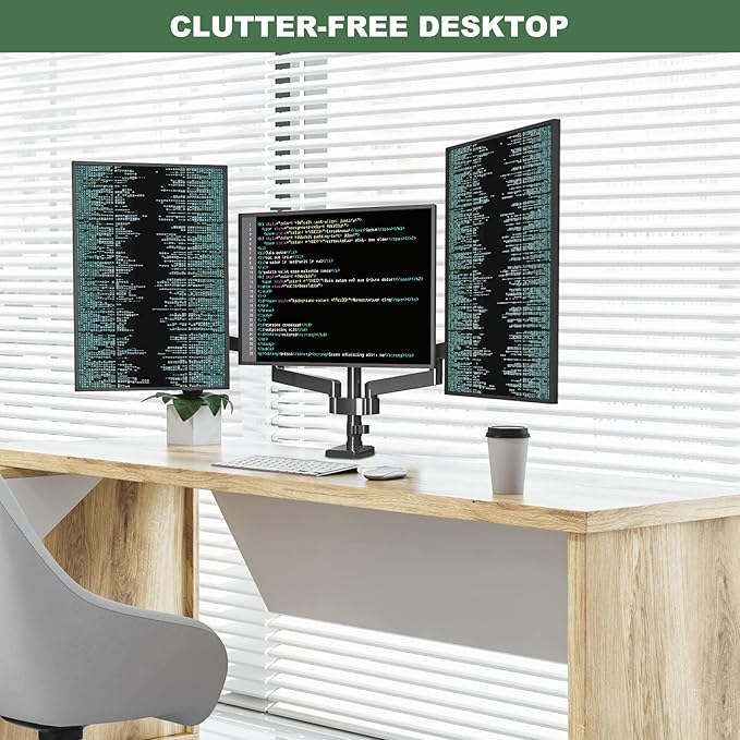 Triple Monitor Desk Mount for Three Flat/Curved Computer Screens up to 27 inch, Fully Adjustable Gas Spring Triple Monitor Arms Hold up to 17.6lbs, VESA 75x75/100x100mm