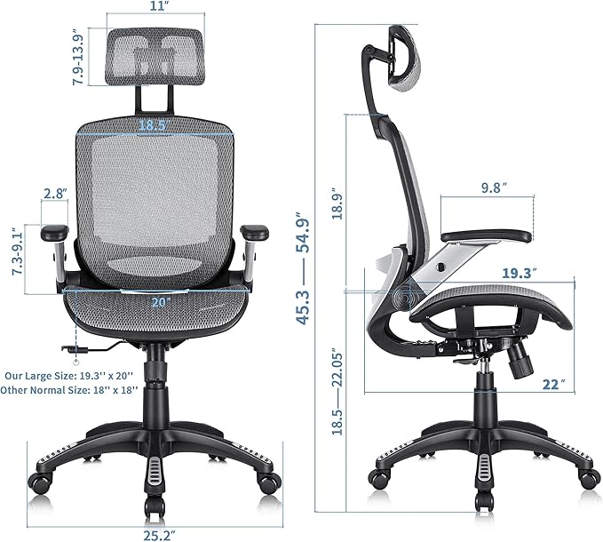 GABRYLLY Ergonomic Office Chair, High Back Home Desk Chair with Headrest, Flip-Up Arms, 90-120° Tilt Lock and Wide Cushion, Big and Tall Mesh Chairs for Man Woman, Grey Task Chair