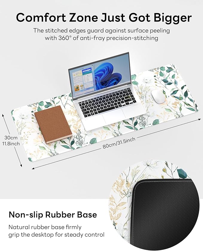 Nature Mouse Pad, 31.5 x 11.8 Large Desk Mat with Stitched Edges & Non-Slip Base, Mousepad for Office, Home, Work, Eucalyptus Leaf