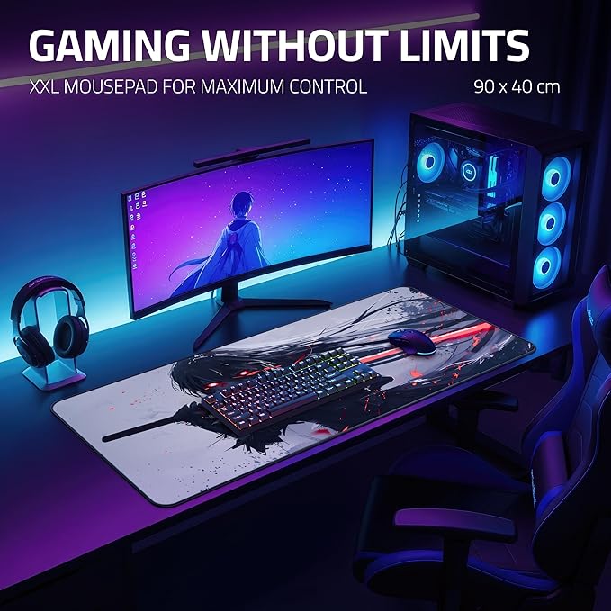 XXL Gaming Mouse Pad 35.4 x 15.7 inch - Water-Resistant & Stitched Edges - Large Anime XL Mousepad for Desk - Gamer Accessories Big Full Deskpad Mat Game Mousepads Deskmat