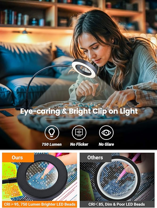 10X Magnifying Glass with Light,5 Colors+10 Brightness Reading Lamp,58 LED Magnifier with Light,750 Lumen Lighted Magnifying Glass for Reading,Clip on Lamp for Desk/Bed/Work/Nail [Adapter]