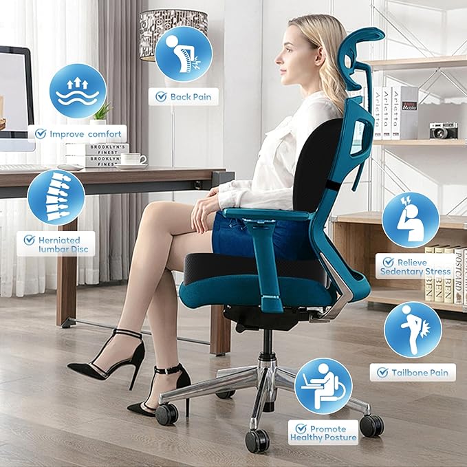 Seat Cushion & Office Chair Cushion, Lumbar Support Pillow for Office Chair, Ergonomic Memory Foam Non-Slip Office Chair Cushion, Back Support Cushion for Tailbone & Coccyx Comfort, Black