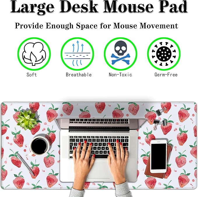 XXL Keyboard Pad Red Mouse Mat, Gaming Mouse Pads Big Mouse Pad, Modern Desk Pad Waterproof Non-Slip Rubber Base, 35.4 X 15.7 inch for Work/Game/Office/Home Summer Fruits Strawberry Leaves
