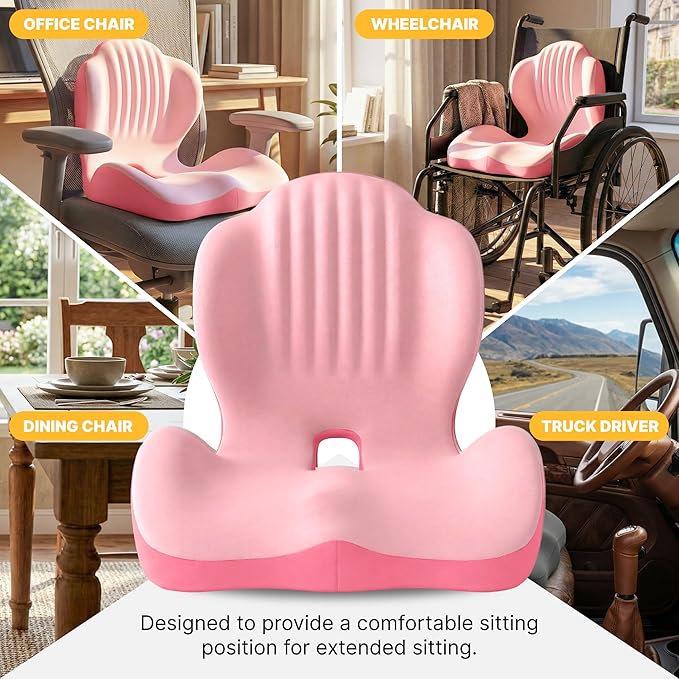 Ergonomic Seat Cushion, Office Chair Seat Cushions with L-Shaped Integrated Design, Memory Foam Orthopedic Cushion with Coccyx Hollow, Lumbar Support & Tailbone Support for Long Sitting (Pink)