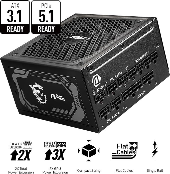 MSI MAG A1250GL PCIE5, Fully Modular Compact Gaming 1250W Power Supply, 80+ Gold, ATX 3.1 & PCIe 5.1 Ready, Native Dual-Color 12V-2x6 Cable, 10 Year Warranty