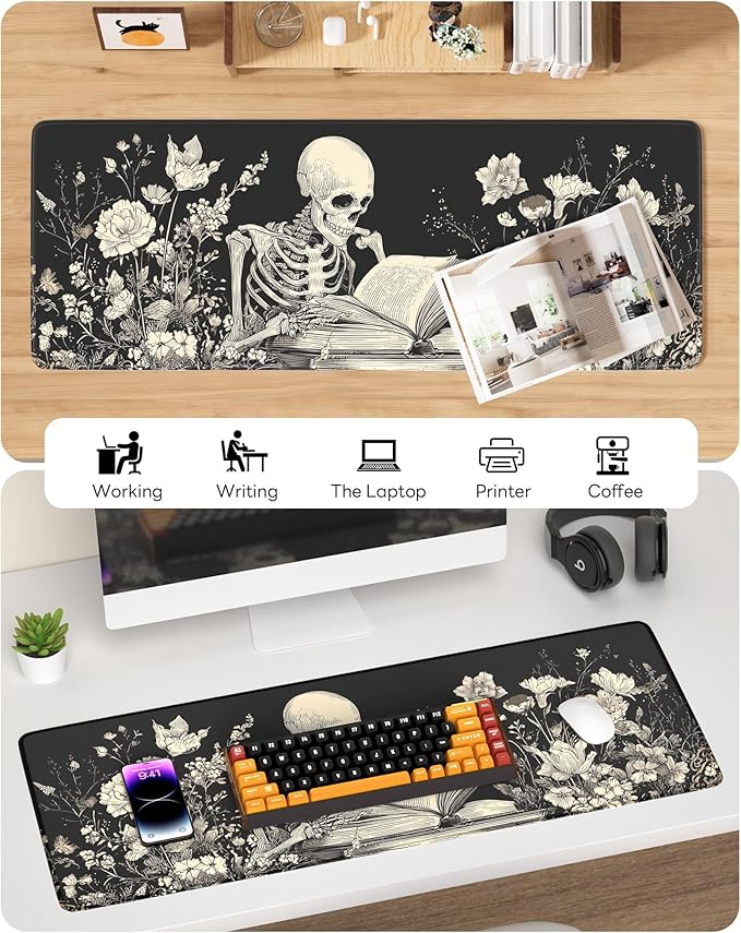 Skull Mouse Pad, 31.5 x 11.8 Large Desk Mat with Stitched Edges & Non-Slip Base, Mousepad for Office, Home, Work, White Skull