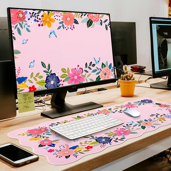L-SPOUTTO Pink Mouse Pad,Floral Desk Mat XXL Large Scalloped Gaming Mousepad,35.4x15.7in Non-Slip Rubber Base Keyboard Pad Waterproof Girly Desktop Mat for Laptop Computer Game Home Office-Pink Floral