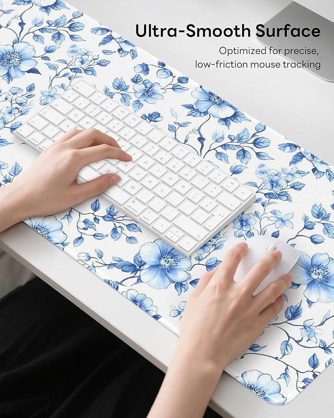 Floral Mouse Pad, 31.5 x 11.8 Large Desk Mat with Stitched Edges & Non-Slip Base, Mousepad for Office, Home, Work, Blue White Flower