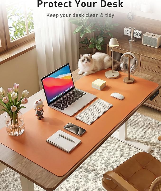 Aothia Faux Leather Desk Mat - Large Mouse Pad, Non-Slip PU Leather Blotter, Waterproof Writing Surface for Office and Home (Orange, 40" x 24")