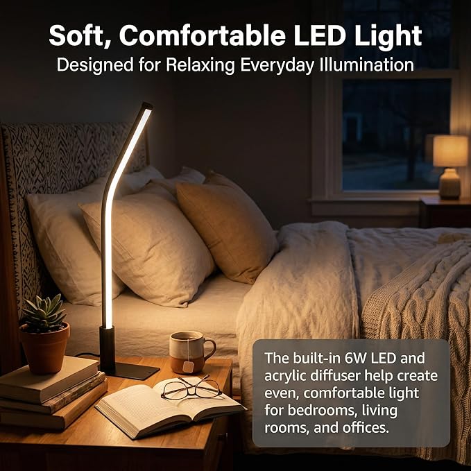 LED Desk Lamp,Touch Control Bedside Lamp with 3 Color Temperatures and Stepless Dimming,6W Modern Slim Table Lamp for Bedroom Nightstand,Living Room or Office,Black