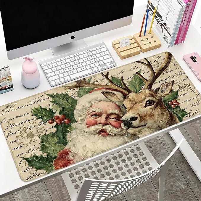 Desk Mat, XXL Extended Gaming Pad for Desktop, 35x16 Inches Santa and Reindeer Classic Scene, Large Non-Slip Vegan Leather Keyboard Mouse Mat for Home Office