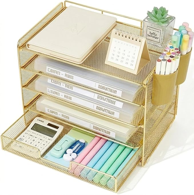 Desk Organizers and Accessories, 5-Tier Paper Letter Tray Organizer with Drawer & 2 Pen Holders, Desktop Organizer for Office Supplies (Gold)