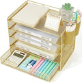 Desk Organizers and Accessories, 5-Tier Paper Letter Tray Organizer with Drawer & 2 Pen Holders, Desktop Organizer for Office Supplies (Gold)