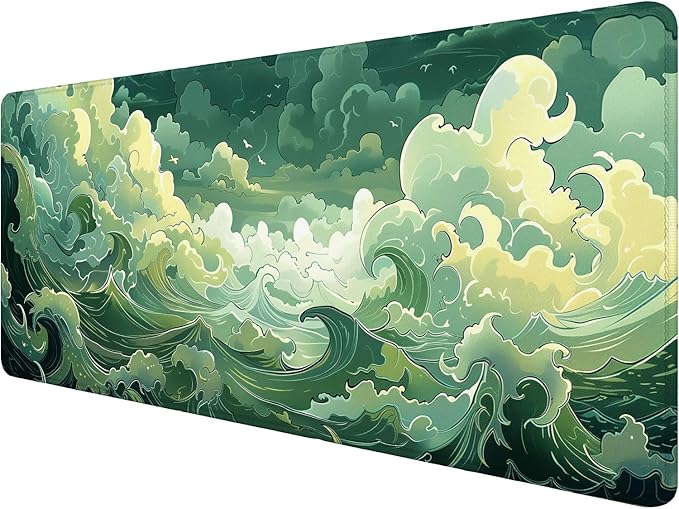 Sea Wave Desk Mat Green Japanese Anime Aesthetics Extended Gaming Mouse Pad Mat with Stitched Edge Non-Slip Base Big Mouse Pad 31.5"x11.8" Office Computer Keyboard Laptop Home