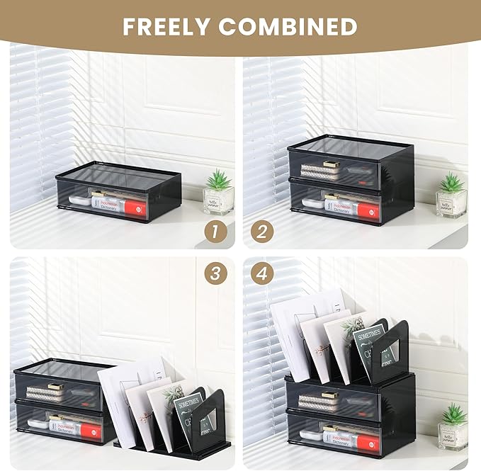 Black Acrylic Desk Organizer with Drawer & File Holder, Stackable Modular Storage System, Multi-Layer Desktop Organizer, Space Saving Office Desk Organizer for Home & Work