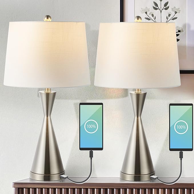 Eyely EYL4046A-SET2 Collins 26" Classic French Country Iron LED Table Lamp with USB Charging Port for Reading Room, Living Room, Office, Bedroom, Farmhouse, Coastal, Nickel (Set of 2)