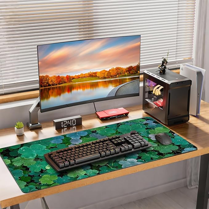 XXL Gaming Mouse Pad, Lucky Four-Leaf Clover Design, 35.4 x 15.7 Inches, Microfiber Cloth, Non-Slip Rubber Base, Extended Desk Mat