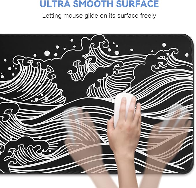 Gaming Mouse Pad - Large 31.5 x 11.8 in Black and White with Stitching Edges, Non-Slip Rubber Base Large Mouse Mat and Keyboard Pad (Sea Wave)