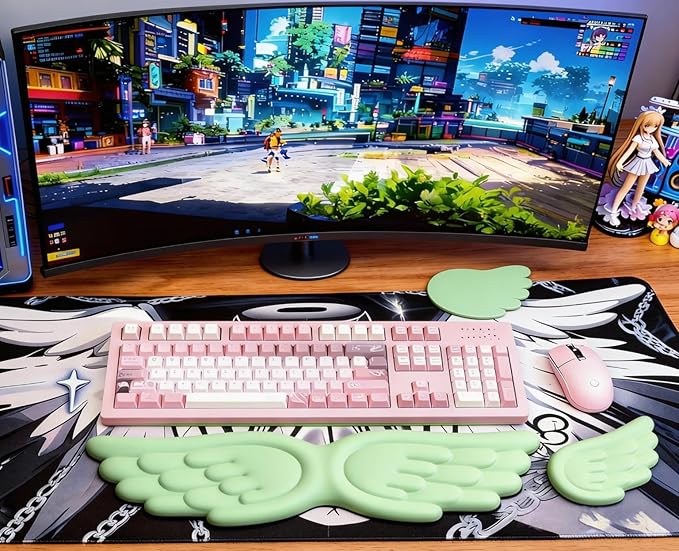 Angel Wing Wrist Rest Ergonomic Memory Foam Wrist Rest for Computer Keyboard Mouse Set with Cup Mat, Cute Gaming Keyboard Cushion Hand Support PU Leather Surface Anti-Slip Waterproof (Green)