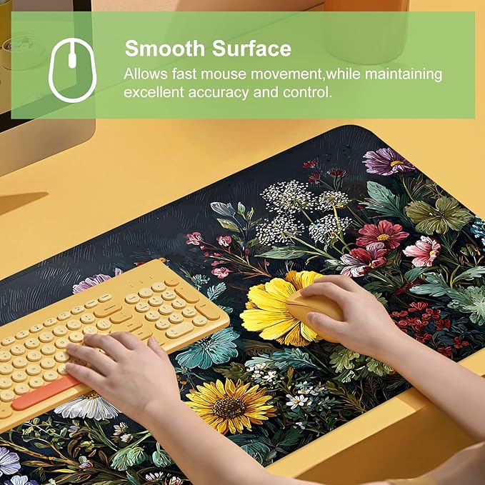 Desk Mat, XXL Extended Gaming Pad for Desktop, 31x12 Inches Vibrant Floral Colorful Flower Bouquet, Large Non-Slip Vegan Leather Surface with Stitched Edges, Keyboard Mouse Mat for Home Office