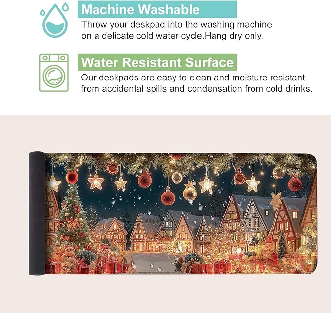 Desk Mat, XXL Extended Gaming Pad for Desktop, 31x12 Inches Village with Trees and Lights, Large Non-Slip Vegan Leather Keyboard and Mouse Mat for Home Office