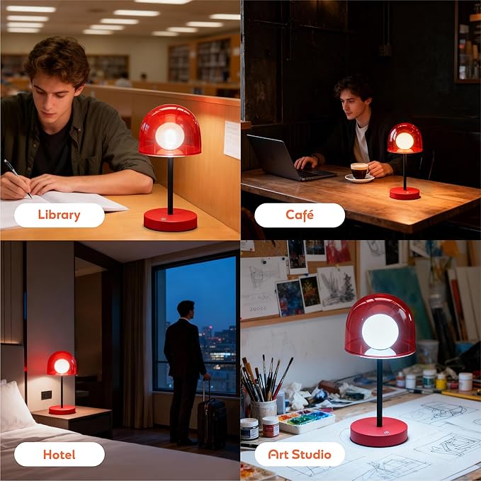 Small Mushroom Lamp Cordless, LED Wireless Mini Lamp Dimmable, Funky Battery Powered Lamp IP44, Orange Accent Lamp for Kitchen Counter Bathroom Dining Room, 7.7" W x 10.6" H (Reddish Orange)