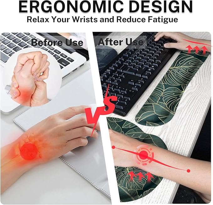 Britimes Ergonomic Mouse Pad Set with Wrist Rest Green Palm Leaves Non-Slip Rubber Base Wrist Cushion Support and Coasters Mousepad with Wrist Support for Computer Keyboard and Desk