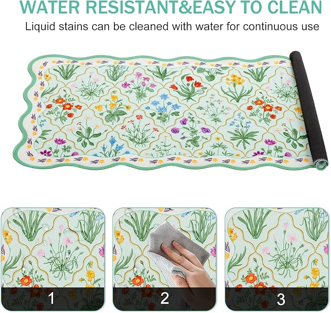 L-SPOUTTO Green Mouse Pad,Botanical Desk Mat XXL Large Scalloped Gaming Mousepad,35.4x15.7in Non-Slip Rubber Base Keyboard Pad Waterproof Desktop Mat for Laptop Computer Game Home Office-Flowers
