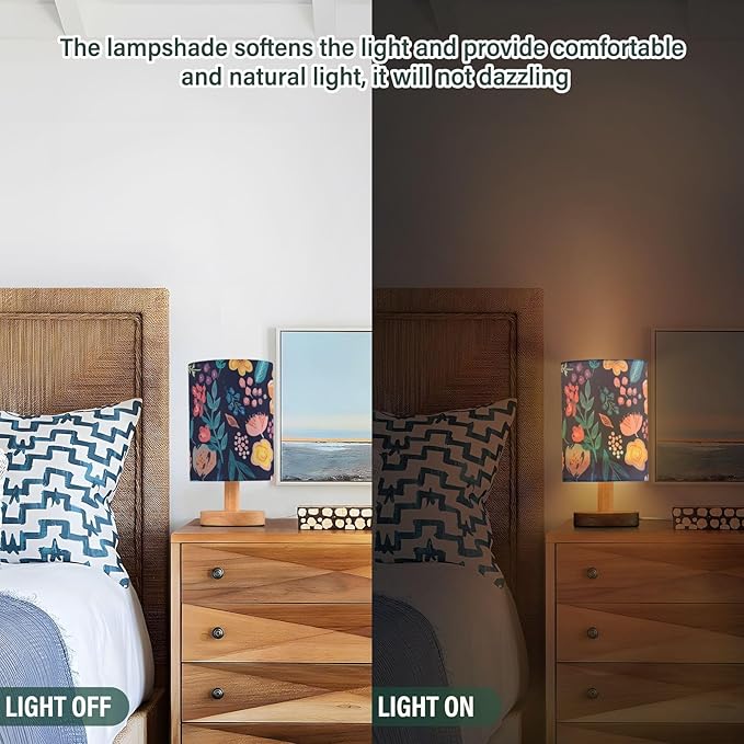 Colorful Floral LED Table Lamp, Bedside Lamp with Linen Lampshade, Flicker-Free Eye Care USB Plug in Nightstand Lamp, for Bedroom and Office