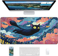 XL Gaming Mouse Pad, 31.5x15.7'' Large Desk Mat with Anti-Slip Rubber Base & Stitched Edges for Gaming, Office, Home, Flying Cat