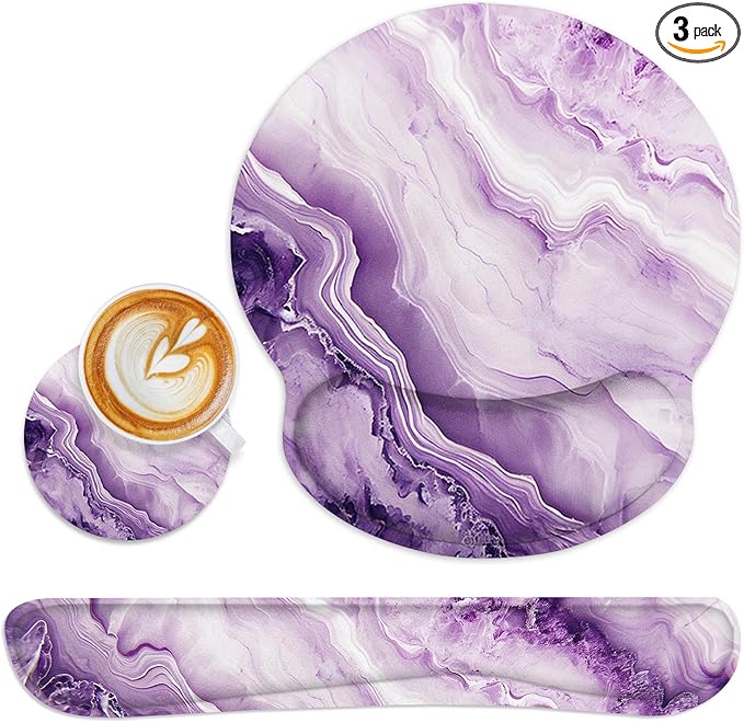 Britimes Purple Marble Gold Ergonomic Mouse Pad Set with Wrist Rest Non-Slip Rubber Base Wrist Cushion Support and Coasters Mousepad with Wrist Support for Computer Keyboard and Desk