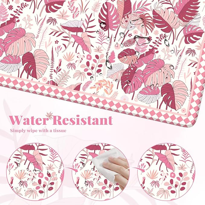 Large Mouse Pad for Desktop, Cute Desk Mat Pad Protector for Work & Gaming, Aesthetic Pretty Anti-Slip Laptop Blotter Cover for Office School Home Supplies, Pink Leaves, 35.4" x 15.7"