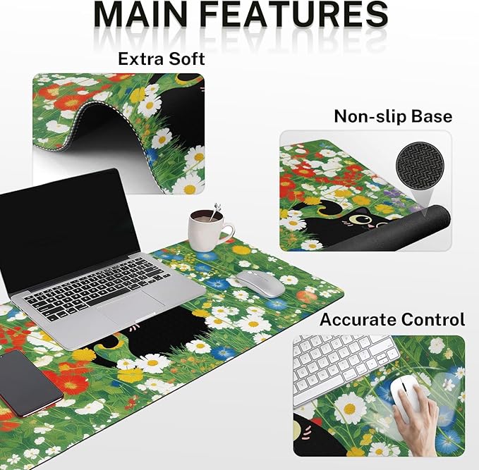 Arttown Red White Blue Flower Desk Mat Cute Black Cat Mouse Pad Set 4 in 1 Ergonomic Design Large Desk Pad + Keyboard Wrist Rest + Mouse Wrist Rest + Coaster Suitable for Home Office Study Game