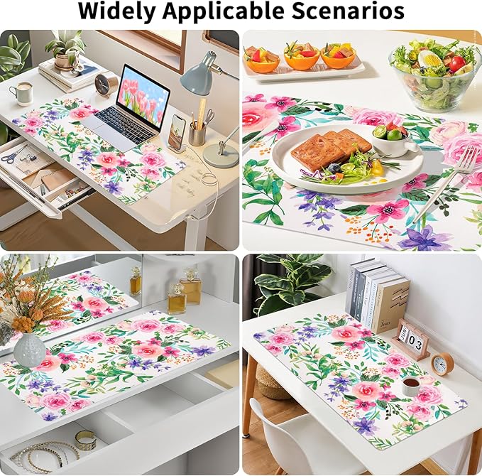 Leather Desk Pad, Pink Floral Desk Matt for Desktop, Women Girls Waterproof Large Keyboard Pad, Cute Computer Mat for Office Work/Home/Decor/Desktop Accessories (31.5"x15.7")