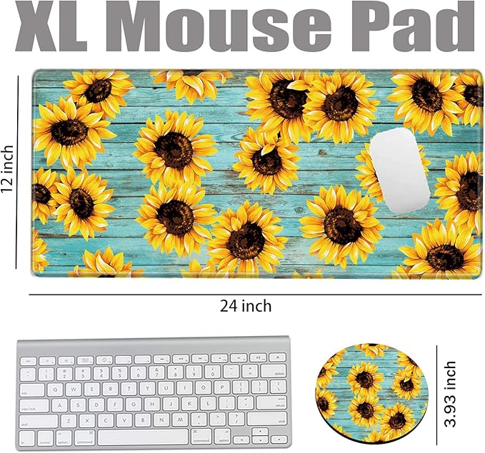 Sunflower Mouse Pad 24x12 Desk Mat Large Mousepad Desk Pad Big Computer Mat Non Slip Base Long Gaming Mouse Mat for Wireless Mouse Women Girl Work