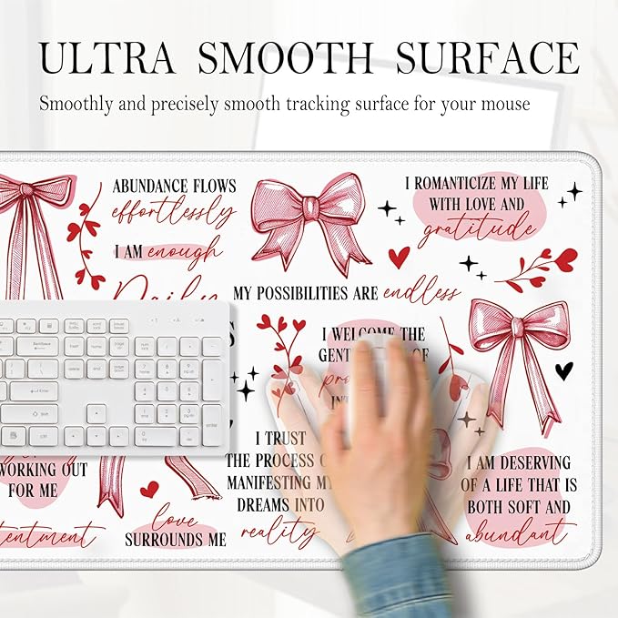 Coquette Preppy Pink Bow Inspirational Large Mouse Pad 31.5x15.7inch, Daily Reminders Large Extended Computer Desk Mat Mousepad for Keyboard and Mouse, Girly Office Desk Accessories