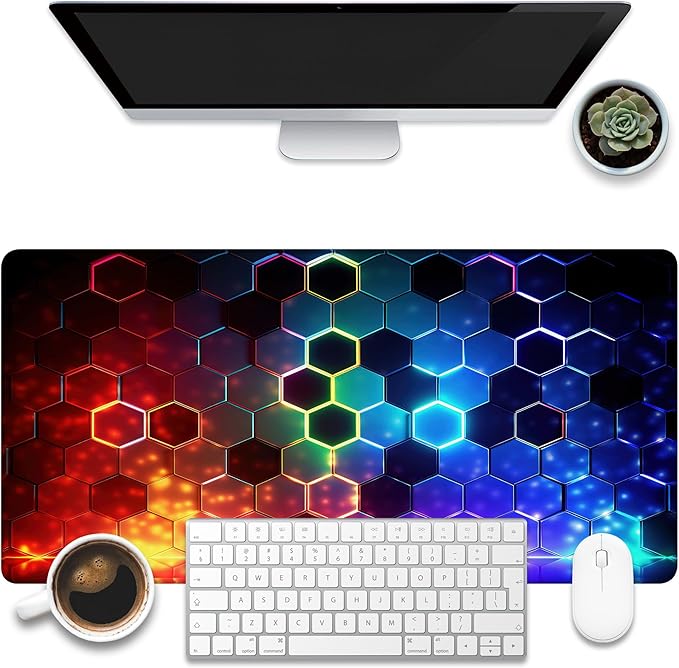 Desk Mat, Colorful Honeycomb Technology Desk Pad,Hexagonal Honeycomb Large Gaming Mouse Pad for Desk,31.5"x15.7" Extended Big Computer Keyboard Mouse Pad with Non-Slip Base and Stitched Edge