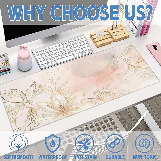 Desk Mat,Minimalist Flowers and Leaves Large Gaming Mouse Pad for Desk XL,Golden Line Floral Desk Pad,Extended Big Computer Keyboard Mouse Pad with Non-Slip Base Stitched Edges 31.5"x11.8"