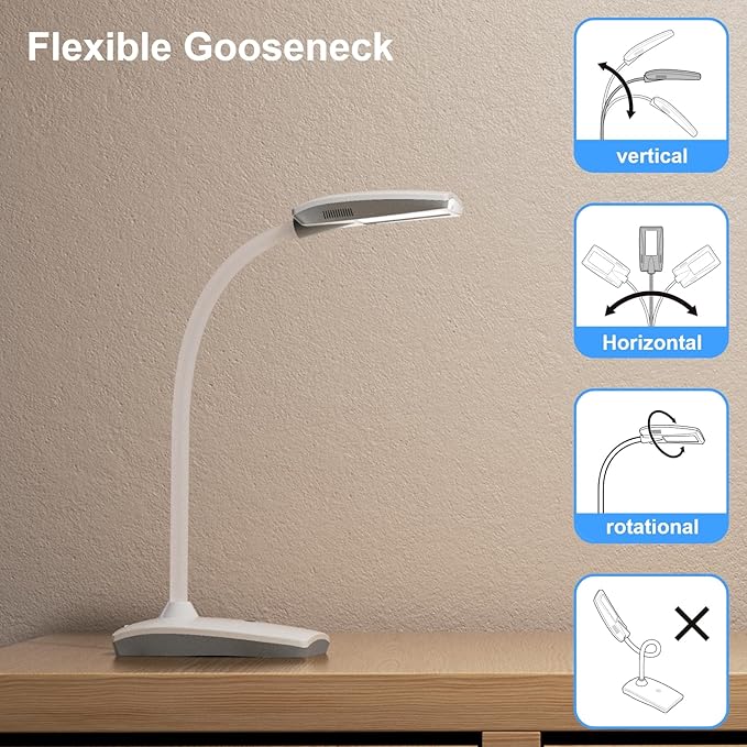 LED Desk Lamp 3 Brightness Dimmable Eye-Caring White Table Lamp Flexible Gooseneck Touch Desk Light 5W 450lm for Home Office Bedroom Reading Study 1.5M USB Cable