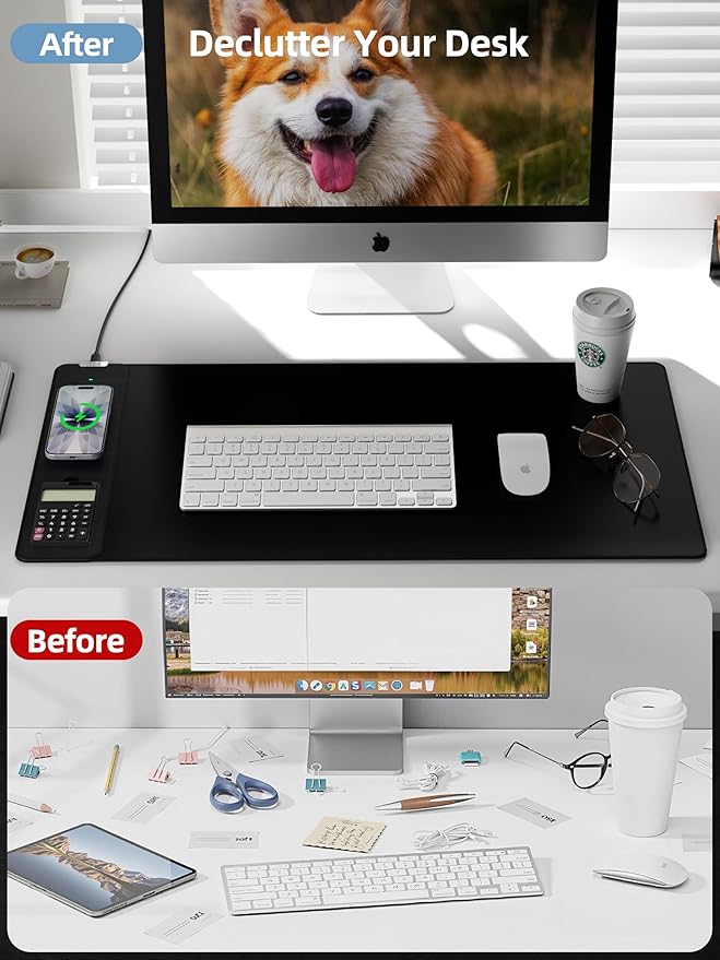 Mouse Pad 31.5x15.75 Inch with Calculator, 15W Magnetic Wireless Charging Desk Mat, XXL Desk Pad, Home Office Large Keyboard Pad with Ultra-Smooth Surface, Non-Slip Base (Black with 20W PD Charger)